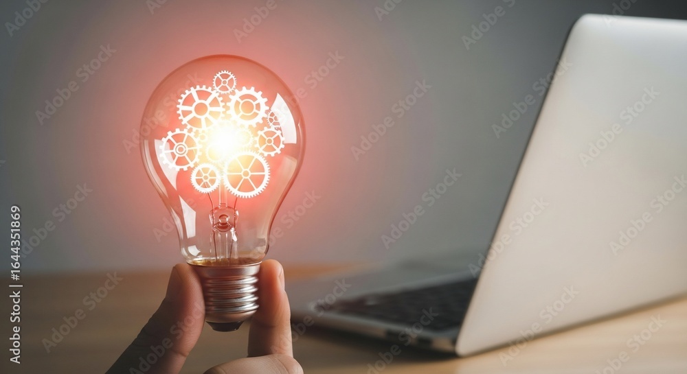 Poster hand holding glowing light bulb with gears symbolizing innovation and complex problemsolving.