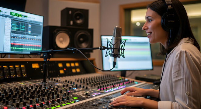 Female Audio Engineer Mixing Tracks in Modern Studio for illustrating articles or websites about women in audio engineering, music production careers, or STEM fields - Powered by Adobe