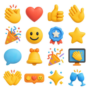 3d emoji icon set featuring smile, heart, thumbs up, confetti, badge, star, and bell symbols