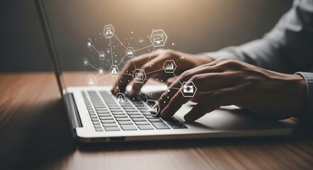 Hands Typing on Laptop with Digital Network Overlay Data Visualization and Connection.