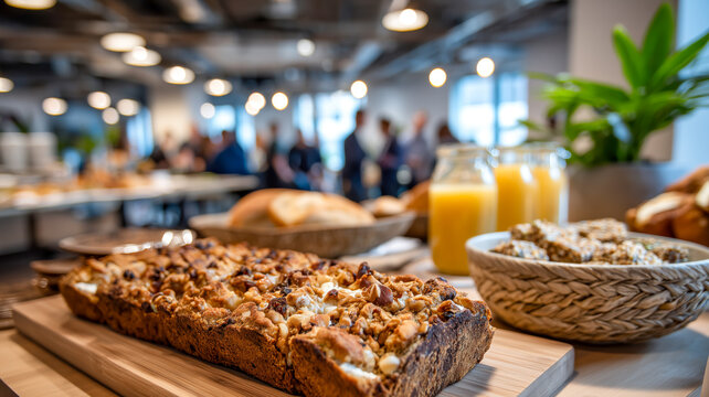 A buffet table laden with bread, granola bars, orange juice, and other snacks in a bright, inviting office setting.