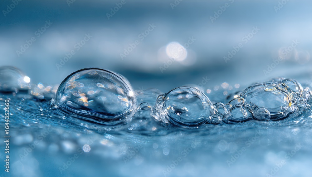 Poster close-up of translucent bubbles on a shimmering, light-blue surface; subtle bokeh in the background