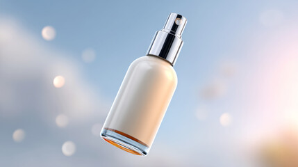 Floating spf bottle rotating in air against a soothing sky background for skin care design