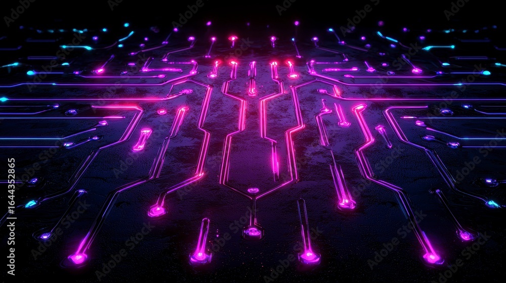 Poster an intricate and vibrant representation of a futuristic circuit board illuminated by colorful led li