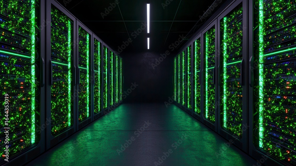 Poster futuristic data center featuring rows of illuminated servers with vibrant green lighting creating a 
