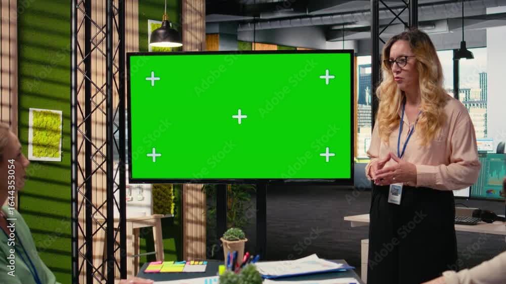 Poster manager and staff members using copy space on tv monitor during meeting, presenting charts and data 