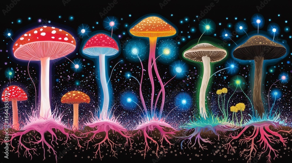 Poster a vibrant display of bioluminescent mushrooms glowing against a dark starry backdrop with intricate 