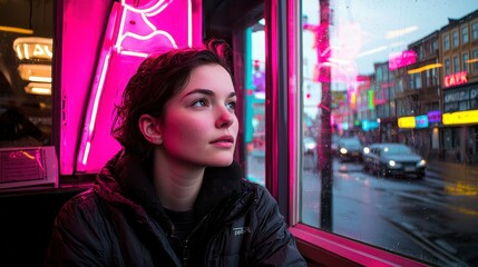A reflective young woman gazing out of a rain-soaked window in a vibrant urban setting illuminated by neon lights