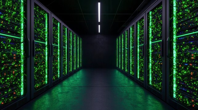Futuristic data center featuring rows of illuminated servers with vibrant green lighting creating a high-tech atmosphere