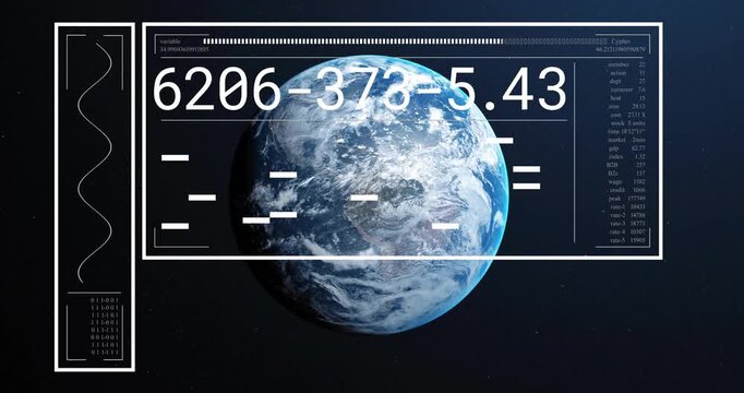 Upon white frame scanning Earth, data panels cycling codes and displaying orbit data for monitoring