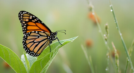 Beautiful Monarch Butterfly Perched on a Dewy Green Leaf in Nature