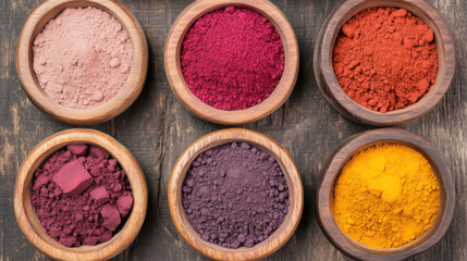 Vibrant organic dye pigments in wooden bowls for artistic inspiration and natural crafting