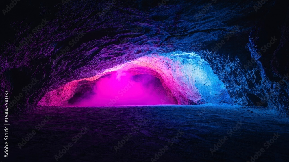 Poster a mesmerizing view of a vibrant cave illuminated by colorful lights and fog, creating an ethereal at