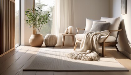 cozy and inviting corner with natural light and soft textiles in minimalist design