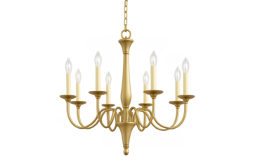 Golden chandelier hanging with transparent background illuminating space