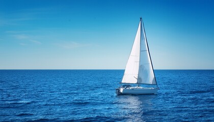 Fototapeta premium sailboat in the sea on a background of blue sky minimalist sailing background a lonely sailing boat floating in the ocean