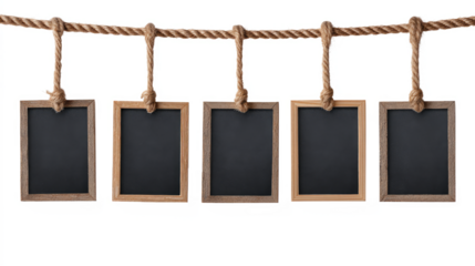 Mini Chalkboards Hanging on Rope with Natural Wood Frames isolated on transparent background Remove png, Clipping Path, pen tool