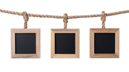 Mini Chalkboards Hanging on Rope with Natural Wood Frames isolated on transparent background Remove png, Clipping Path, pen tool