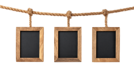 Mini Chalkboards Hanging on Rope with Natural Wood Frames isolated on transparent background Remove png, Clipping Path, pen tool