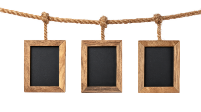 Mini Chalkboards Hanging on Rope with Natural Wood Frames isolated on transparent background Remove png, Clipping Path, pen tool