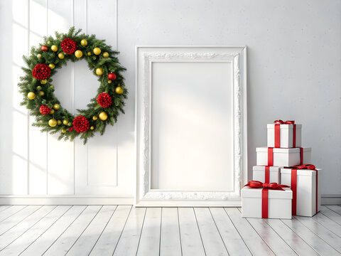 Christmas wreath and stacked gift boxes beside an ornate white frame on a white wooden wall and floor