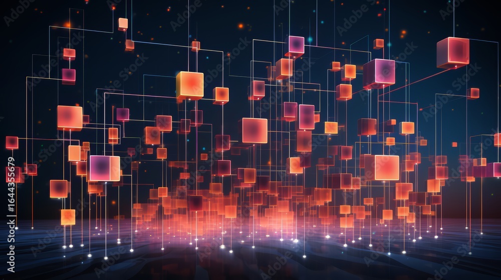 Poster colorful image of many small cubes with strings connecting them. the cubes are in various colors and