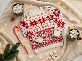Festive Christmas sweater with red snowflake pattern laid flat with candy canes and hot chocolate marshmallows