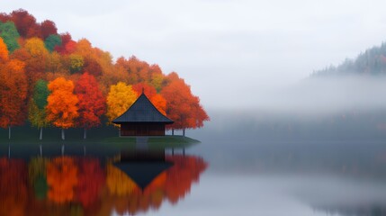 Autumn lake with stilt hut, vibrant colorful trees, misty soft background, perfect seasonal reflection, calm tranquil nature, peaceful romantic escape, scenic fall scenery, dreamy lakeside landscape