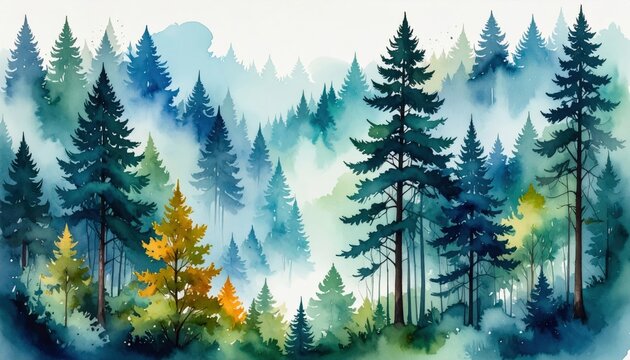 Misty Forest Landscape Watercolor Painting