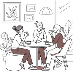 Women chatting over coffee at table cozy social gathering illustration perfect for lifestyle blogs magazines and digital content projects