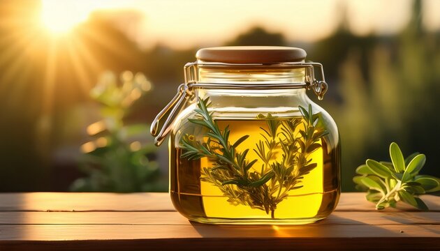 glass jar filled with olive oil and fresh herbs in warm sunlight glow