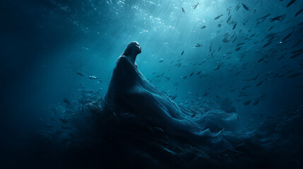 The Inuit goddess Sedna, a majestic and sorrowful figure living at the bottom of the sea.