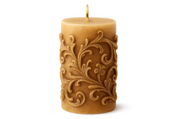 Brown carved candle with floral decoration on transparent background