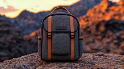 Stylish modern backpack placed on rugged terrain with a dramatic sunset backdrop highlighting its design features
