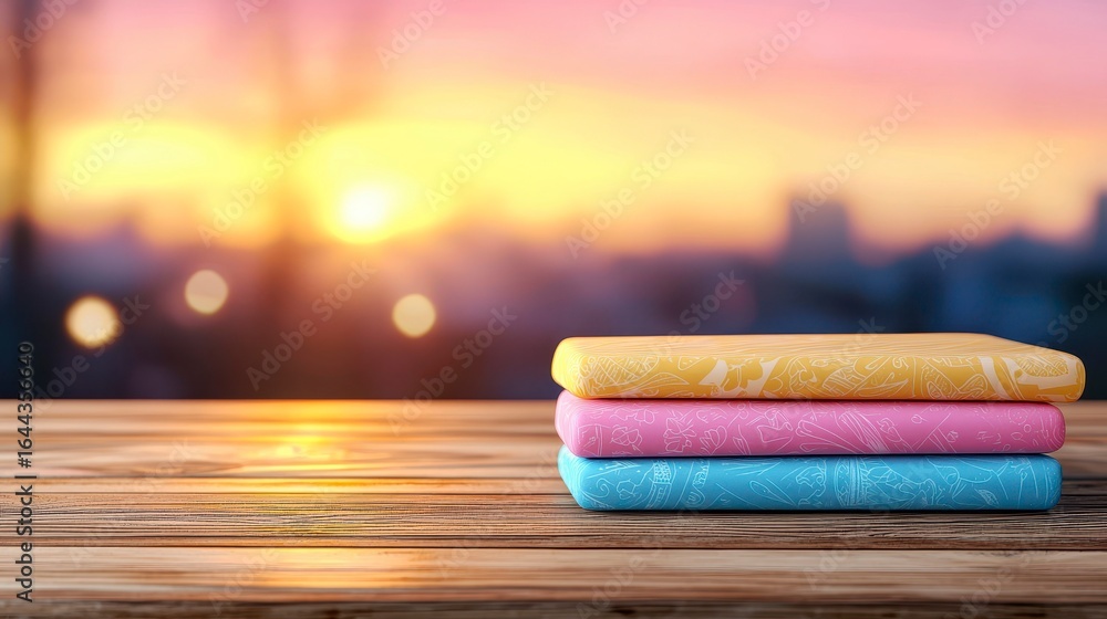 Poster colorful stacking containers on a wooden table with a beautiful sunset backdrop creating a serene an