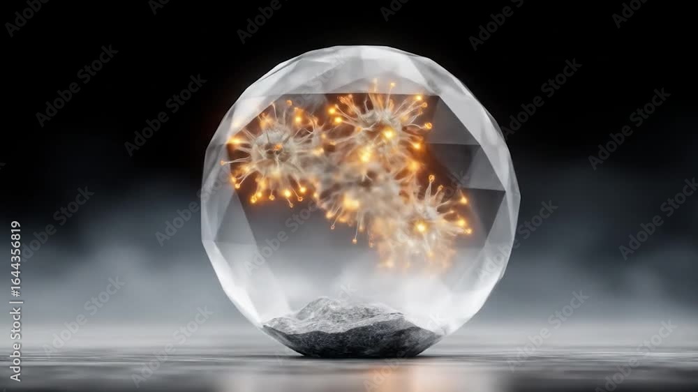 Poster encapsulated luminescence: a 3d render of glowing organic structure within a crystal sphere