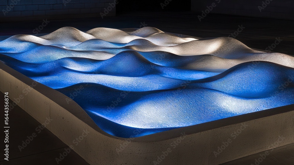 Poster illuminated abstract sculpture resembling flowing waves in a modern indoor space, creating a captiva