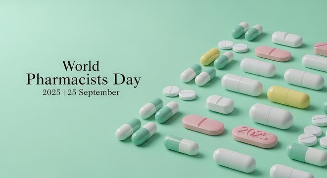 Celebrating World Pharmacists Day on September 25, 2025, with vibrant display of various medicines and capsules