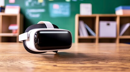 Modern virtual reality headset placed on a wooden table in a contemporary classroom setting with a background of learning materials
