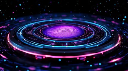 Futuristic digital abstract design featuring circular patterns and vibrant light, inspired by technology and innovation