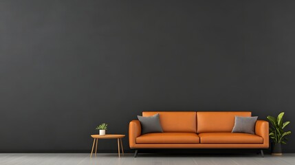 Modern orange sofa interior, dark wall background with copy space, black living room wall, contemporary home setup, stylish furniture concept, minimal background mockup