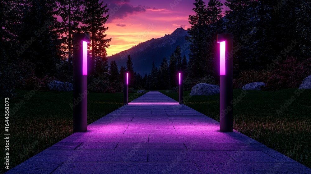 Poster an enchanting pathway illuminated by colorful lights leads through a tranquil forest at dusk with ma