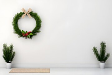 minimal white interior with holiday wreath, potted evergreens on clean background, modern seasonal decor, elegant festive home design, copy space for text or message