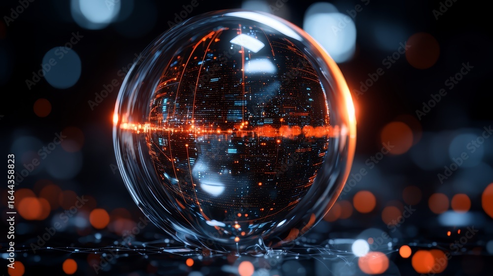 Poster glowing sphere with a city reflected in it. the sphere is surrounded by a blurry background with a m