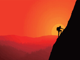 A man is climbing a mountain with a backpack. The sun is setting in the background. The mountain is covered in trees