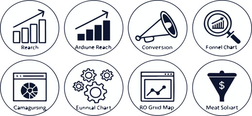 Collection of eight hand-drawn dark blue icons on a white background representing business and marketing concepts