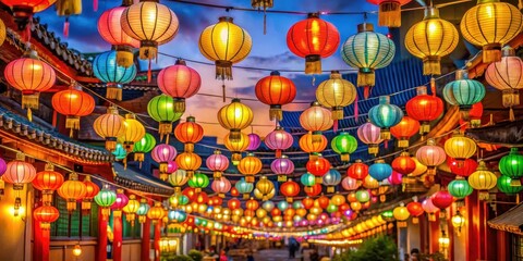 Fototapeta premium Vibrant festival decorations with colorful lanterns and lights adorn the streets and temples, street, lanterns