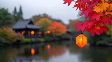 Obraz premium warm lantern with autumn leaves, traditional wooden house beside river, serene garden view, evening glow, cozy asian village atmosphere