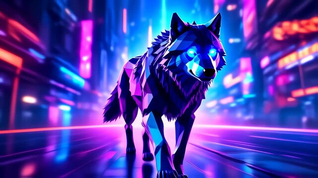 Geometric wolf in a vibrant neon cityscape