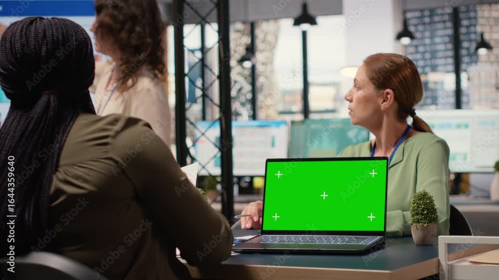 Poster powerful businesswomen using a laptop with isolated display, exchanging reports and strategy insight